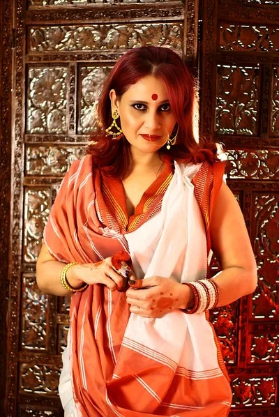 Kanak Raj in Red and White Saree - Elegant Pose